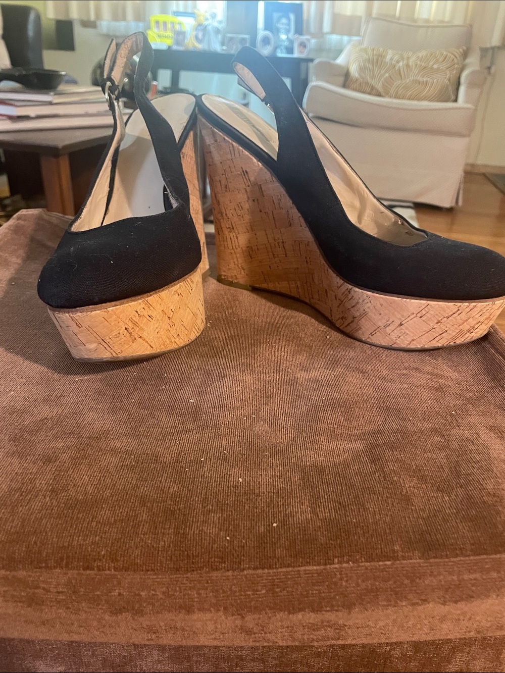 Nine West Classic Black Canvas Slingback Cork Wedge Heels
